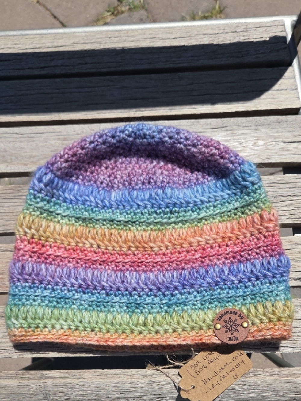 Artisan Handmade Crochet Cotton Blend "Rainbow Ribbons" Beanie Hat - Picture 3 of 6